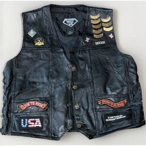 LARGE Diamond Plate Buffalo Leather Motorcyle Vest LOADED W/ PATCHES & PINS
